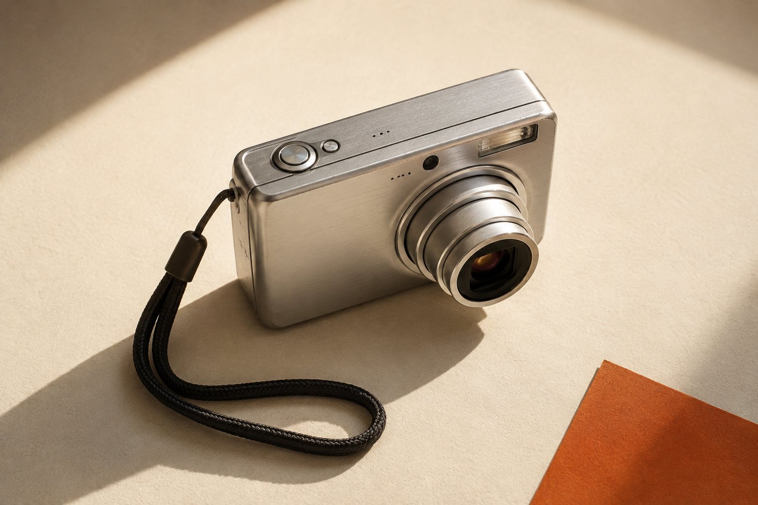 Illustrative silver pocket digital camera and wrist strap in warm afternoon light.